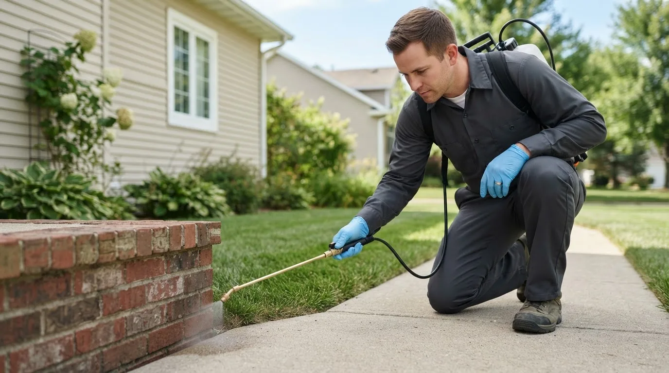 Pest control technician treating a home near Walling, TN